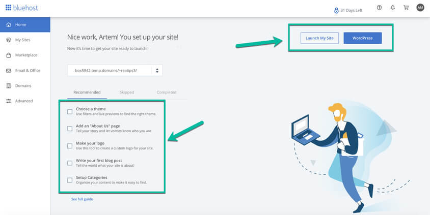 Bluehost hosting account home