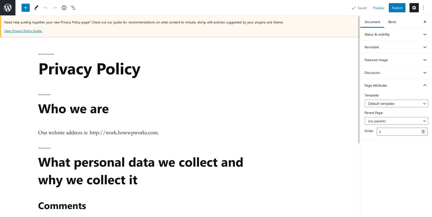 Privacy policy page