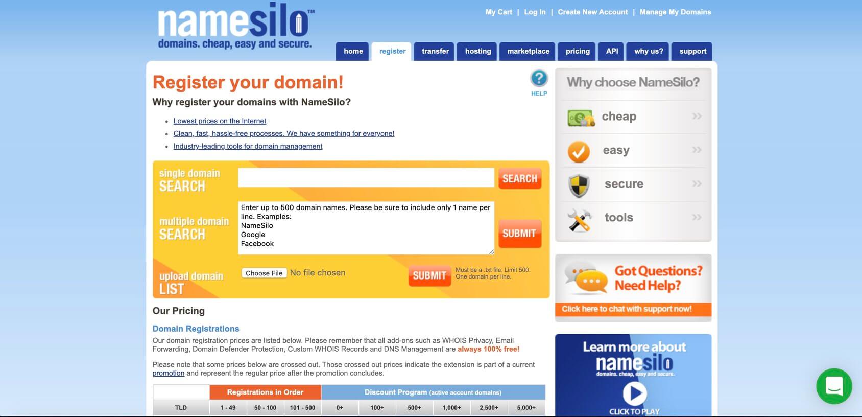 NameSilo homepage