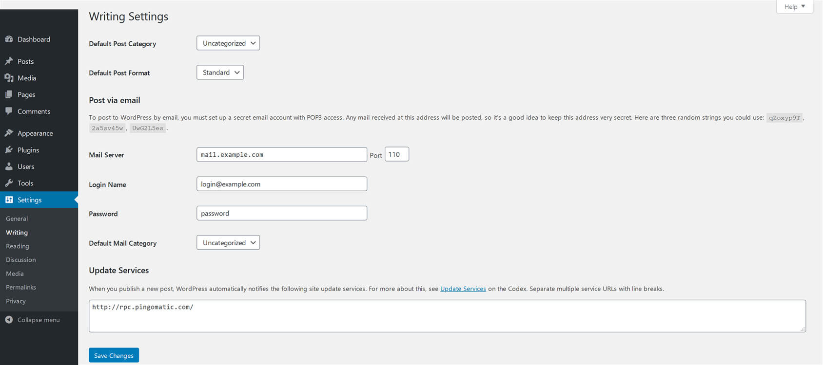 Writing settings screen