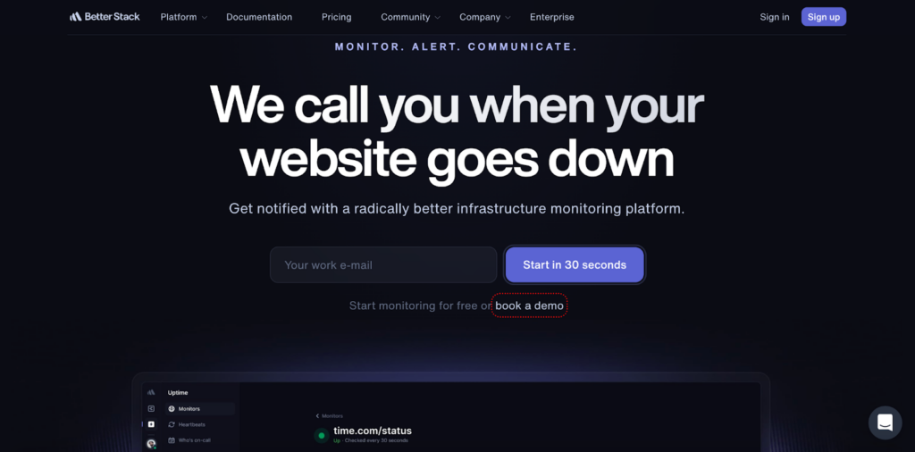 Better Uptime homepage