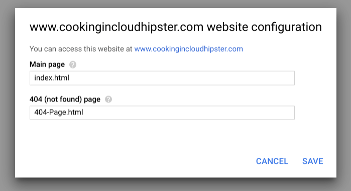 Google Cloud index and error page settings