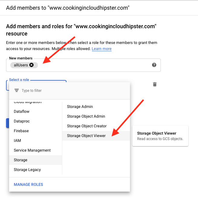 Google Cloud select allUsers with Storage Object Viewer